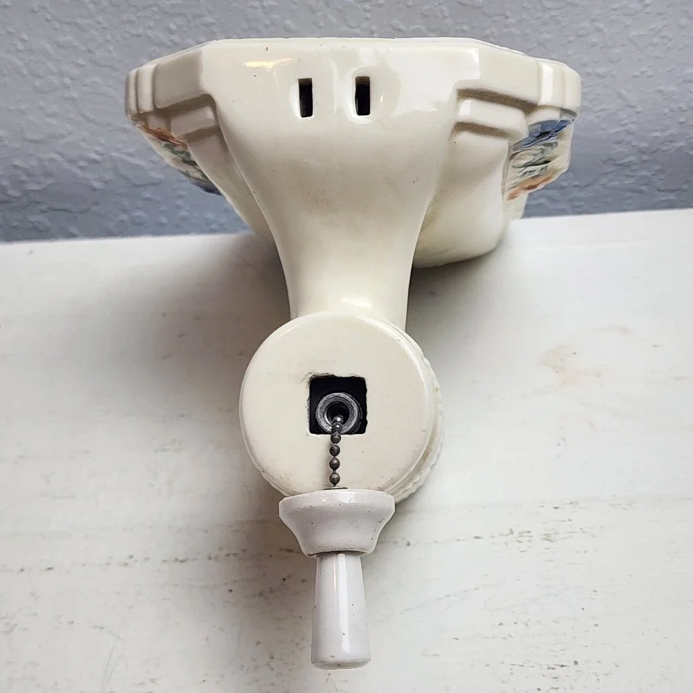 Vintage 30s Ceramic Art Deco Wall Sconce Light Fixture Floral Pull Chain Cottage